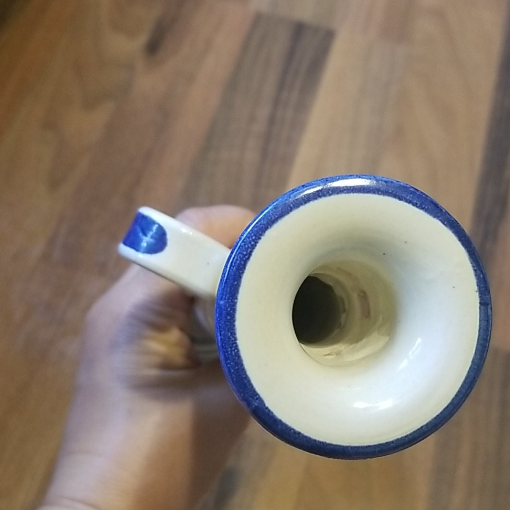 Vintage Tall Italian Pottery Blue & Cream Floral Chamberstick Candle Holder - Picture 8 of 11